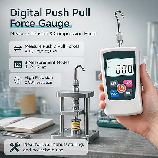 GOYOJO Digital Force Gauge High-Precision Push-Pull Meter for Tension & Compression Testing Units (N, kg, lb, oz) Real-Time/Peak/First Peak Modes Ideal for Quality Control & Material Testing (10N)