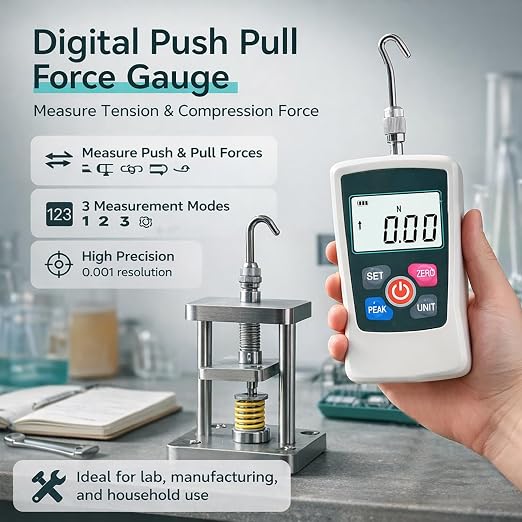 Digital Force Gauge High-Precision Push-Pull Meter for Tension & Compression Testing Units (N, kg, lb, oz) Real-Time/Peak/First Peak Modes Ideal for Quality Control & Material Testing 5N
