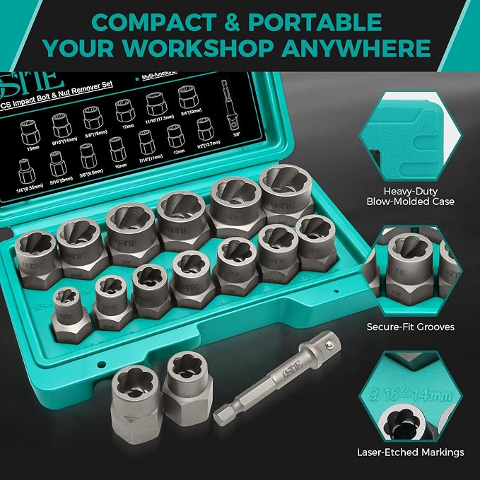 14-Piece Impact Bolt Extractor Set, 3/8" Drive 42CR-MO Steel Nut Remover Kit for Stripped, Frozen, Rusted, Rounded Bolts & Lug Nuts (Sizes 8-19mm), Automotive & Machinery Repair