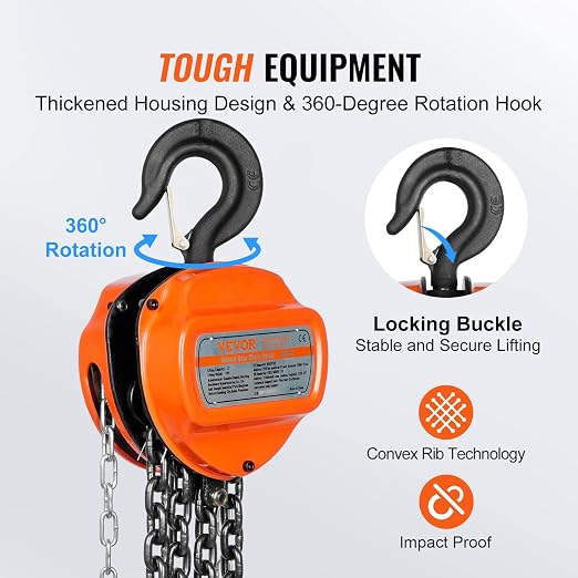 VEVOR Hand Chain Hoist, 2 Ton 4400 lbs Capacity 10 FT Come Along, G80 Galvanized Carbon Steel with Double-Pawl Brake, Auto Chain Leading & 360° Rotation Hook, for Garage Factory Dock