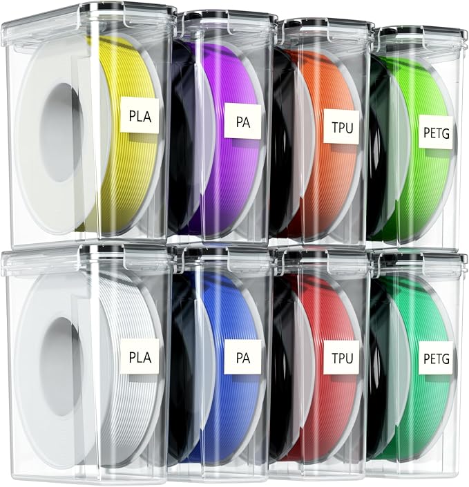 3D Printer Filament Storage Box, 8-Pack Airtight Containers for 1kg | Airtight silicone gasket and locking clips protect 1kg filament spools from moisture and dust for stable printing performance