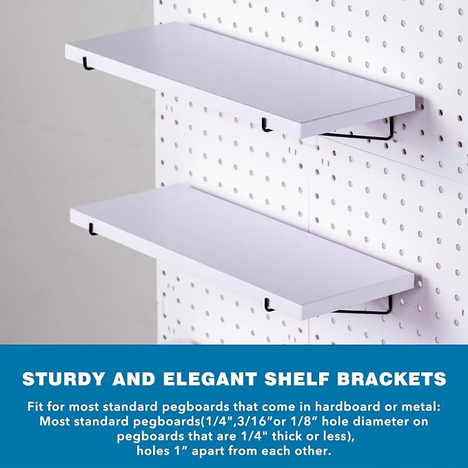 Pegboard Shelf Set - 6 Heavy Duty Peg Board Shelves & Steel Brackets, Organizer for Storage, Garage, Workbench, Craft, Office