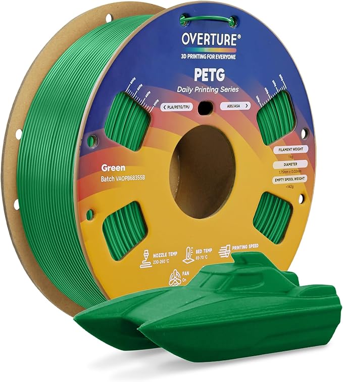 OVERTURE PETG Filament 1.75mm, High Speed 3D Printer Filament, Neatly Wound & Clog-Free, 1kg Spool (2.2lbs) Rapid PETG, Dimensional Accuracy +/- 0.02mm, Fit Most FDM Printers (Green)