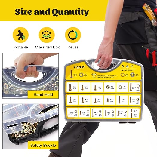 940PCS Metric Bolt and Nut Assortment Kit, M4-0.7, M5-0.8, M6-1.0, M8-1.25 Heavy Duty Hex Bolts Nuts Washers Assorted Kit, Grade 8.8 Alloy Steel Yellow Zinc Plated