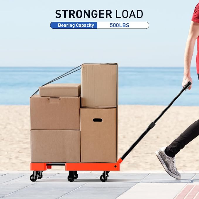 SPACEKEEPER Folding Hand Truck, 500 LB Heavy Duty Luggage Cart, Utility Dolly Platform Cart with 6 Wheels & 2 Elastic Ropes for Luggage, Travel, Moving, Shopping, Office Use, Orange