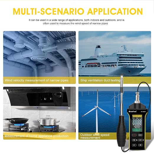 HOLDPEAK Professional Hot-Wire Anemometer, High-Precision Digital Wind Speed Meter for HVAC, Measures CFM/CMM Airflow, Air Velocity & Temperature with Telescopic Probe, Backlit LCD, USB Charging