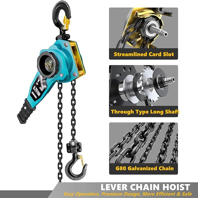Manual Lever Chain Hoist 3/4 Ton 1650 lbs Lever Hoist 5 ft Ratchet Chain Puller Hoist|2 Heavy Duty Hooks G80 Chain|Industrial Grade Steel Construction (5FT, BLUE)