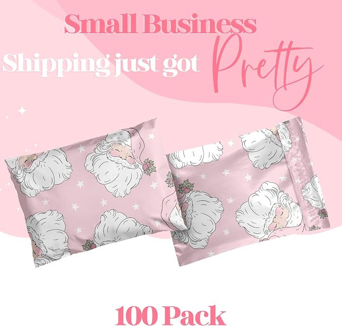 Pretty Package Store Poly Mailers 6x9, Pink Santa, 100 Pack | Heavy Duty, Waterproof, Self Seal, Tear Resistant, Shipping Bags for Small Business Packaging, Bulk Mailing Envelopes