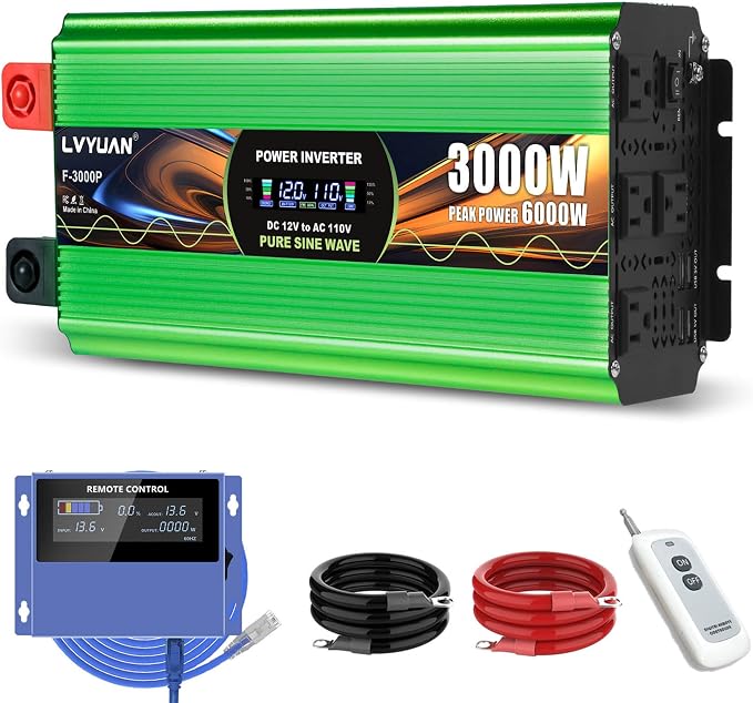 3000 Watt Pure Sine Wave Inverter, DC 12V to 120V AC Power Inverter for Vehicle, RV, Truck, Off-Grid, Car Power Inverter with 4 AC Outlet, 20W USB-C, 5V/3.1A USB, Remote & Panel Control, Surge 6000W