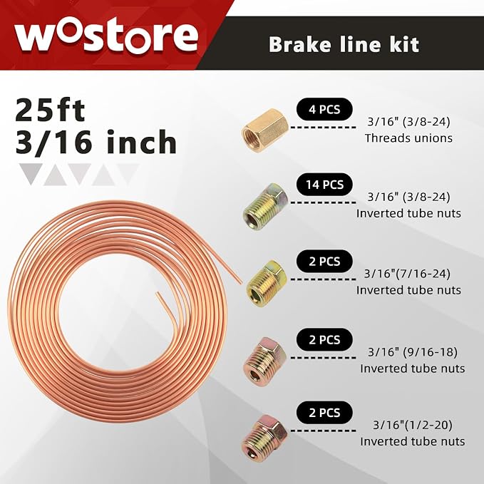 Wostore 25 FT 3/16" Copper Coated Brake Line Kit with 24 Brass Fittings & Double/Single Flaring Tool Kit, Complete Brake Line Repair Solution for Cars, Trucks, Motorcycles