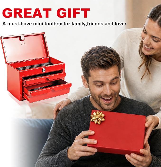 BIG RED Mini Steel Tool Box with Drawer, Small Metal Tool Box Organizer | Lockable Top Storage, Multi-Purpose Portable Tool Box Organize for Desk, Home, Garage, desk or Workbench, Red