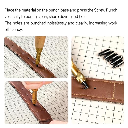 Kearing Screw Punch, Adjustable Leather Hole Punch with 6 Sizes (1.5mm,2.0mm,2.5mm,3.0mm,3.5mm,4.0mm) with Wood Handle for Paper, Leather