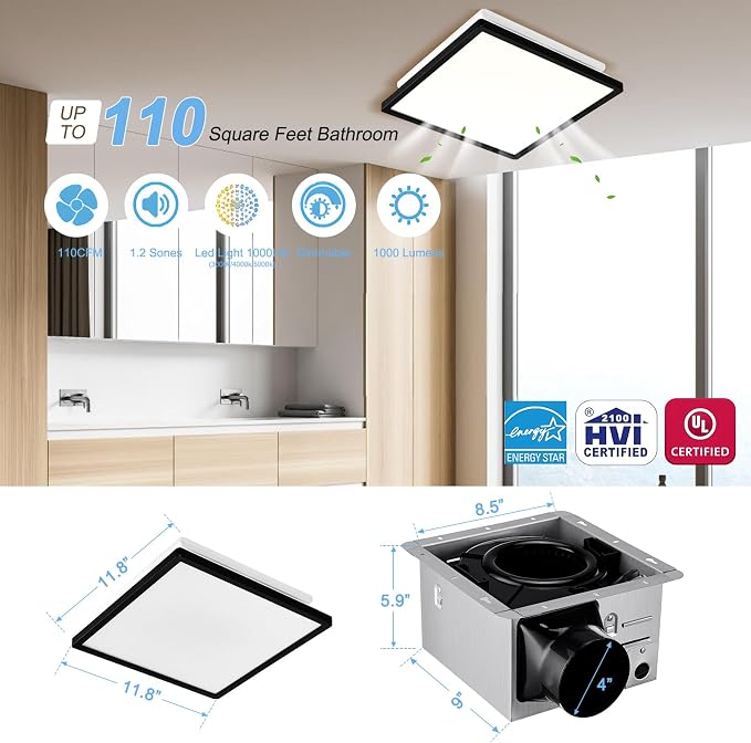 Tech Drive Bathroom Fan with Light,110CFM,4 Inch Duct,Modern Black Trim | 1000lm Dimmable 5CCT LED Light with Night Light Selectable, Quiet HVI and Energy Star Certified, Easy to Install
