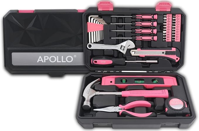 Apollo Tools 39 Piece General Household Tool Set in Toolbox Storage Case with Essential Hand Tools for Everyday Home Repairs, DIY and Crafts - Pink Ribbon - DT9711P