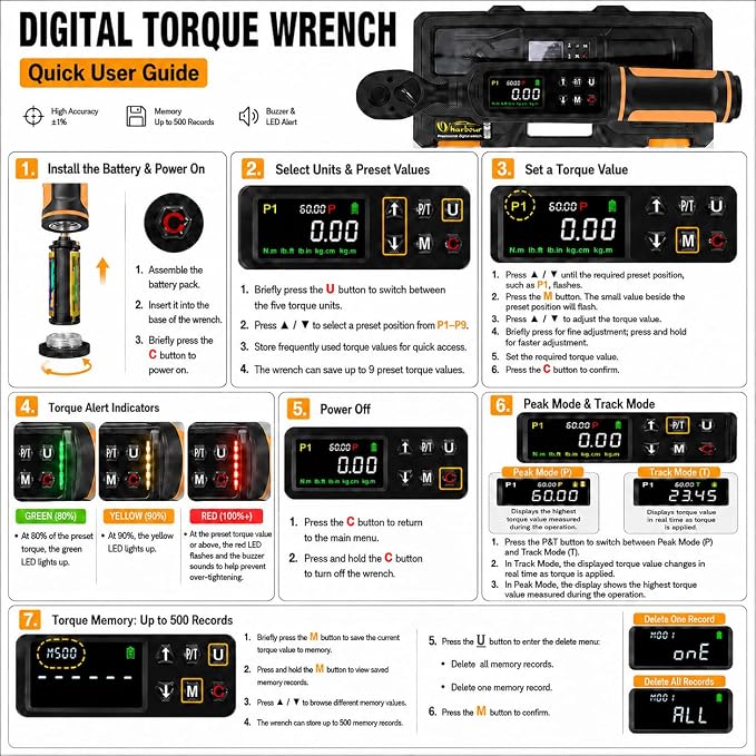 Uharbour Digital Torque Wrench 3/8" Drive, 0.66-44.29Ft.lbs/0.9-60Nm Range, Electric Torque Wrench with Dual Direction Ratchet, ±1% Accuracy with Vibration, Buzzer and LED Alert