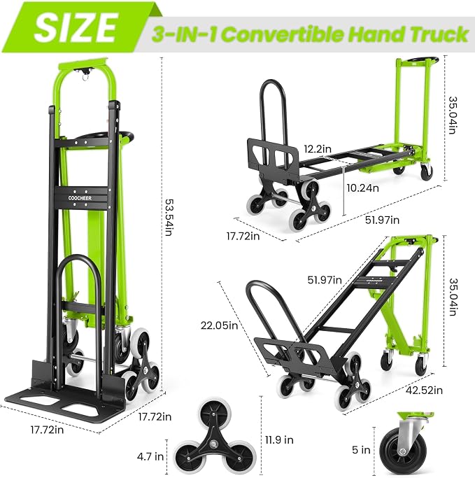 1000LBS Heavy Duty Aluminum Stair Climbing Dolly, 3 in 1 Convertible Hand Truck, Folding Hand Truck Dolly Cart with Solid Wheels for Moving/Travel/Office (Green)