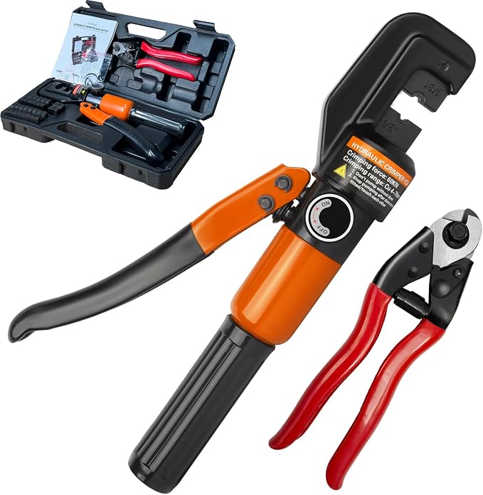 Upgraded Hydraulic Crimping Tool and Cable Cutter, Hydraulic Cable Lug Crimper with 9 Dies, Wire Swaging Tool for 1/8" - 3/16" Stainless Steel Cable Railing Kit