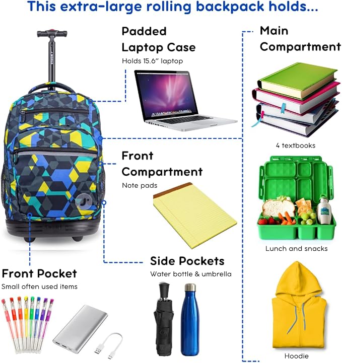 J World Sundance Laptop Rolling Backpack for Girls Boys. Roller Bookbag with Wheels, 20 Inch, Cubes