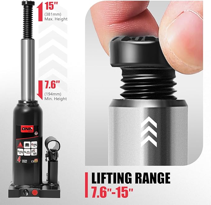 DNA Motoring 4 tons / 8818 lbs Lifting Automotive Welded Hydraulic Bottle Jack for Repair Vehicle, Pickup, Truck, w/Manual Handle, Black, TOOLS-00354