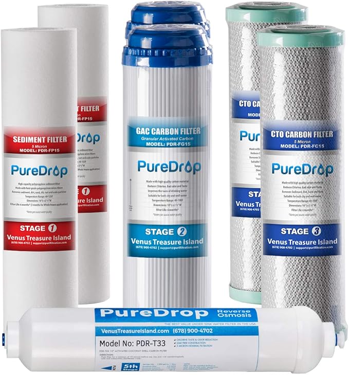 PureDrop PDR-F7RO Replacement Water Filter Pack for 50 GPD Reverse Osmosis System, Without RO Membrane, 7 Piece