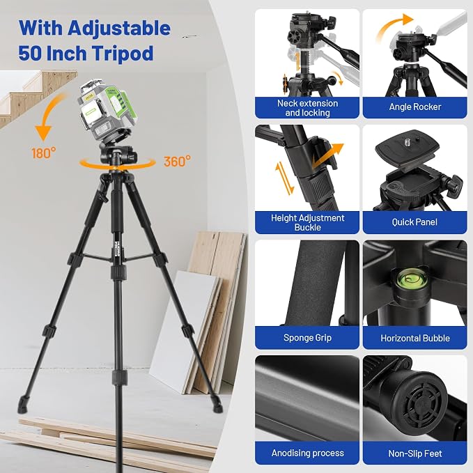 Huepar Pro Laser Level 360 Self Leveling with 50inch Tripod, 3 x 360° High Brightness Green Laser Leveler Tool for Construction, Tile and Picture Hanging, Rechargeable Battery & Magnetic Bracket