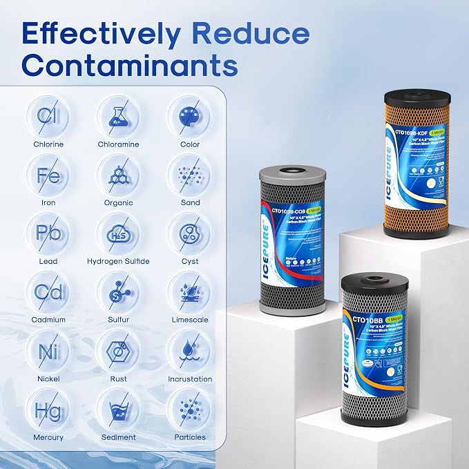ICEPURE 4.5"x 10" Whole House Water Filter Set, 3-Stage Water Filtration System Combo Kit with Activated Carbon Block, KDF Cartridge and Upgraded Activated Carbon Heavy Metal Remove Filter, Pack of 1