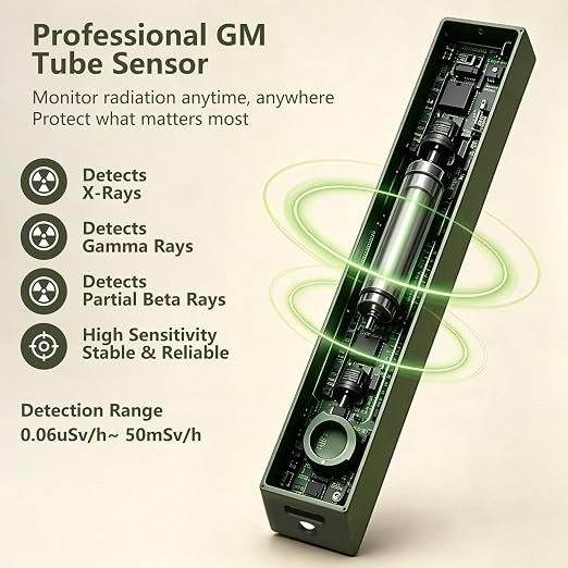 Professional Radiation Detector Geiger Counter Portable GM Tube X-Ray Gamma Beta Radiation Meter Real-Time Dosimeter with Vibration & Sound Alarm USB-C Rechargeable for Home Industrial Emergency Use