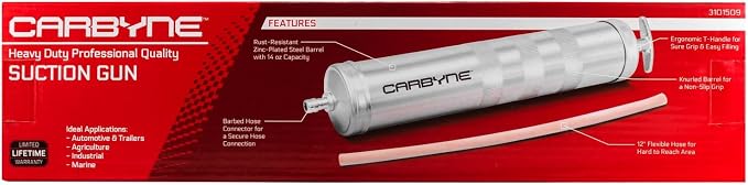 Carbyne Suction Gun, 14 oz Capacity, 12 in. Flexible Hose, Zinc-Plated Steel Barrel, for Transmissions, Differentials, and Gear Boxes