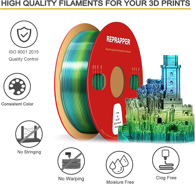 RepRapper Forestry Rainbow PLA Filament, Shiny Multicolor Silk PLA 1.75 mm Filament (+-0.03 mm), Sparkle Fast Change Multi-color1 kg 3D Printer Filament for 3D Printer