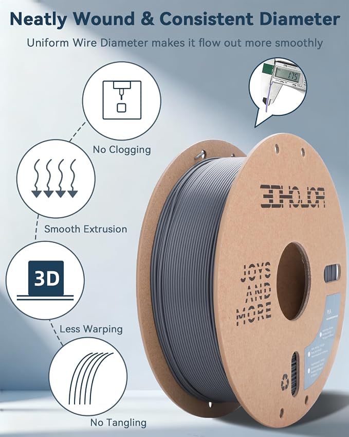 3DHoJor PLA Filament 1.75mm Grey,3D Printing Filament,1kg Cardboard Spool (2.2lbs), Fit Most FDM 3D Printer,Dimensional Accuracy +/- 0.03 mm,Odor Free, Clog Free, No Brittle Filaments