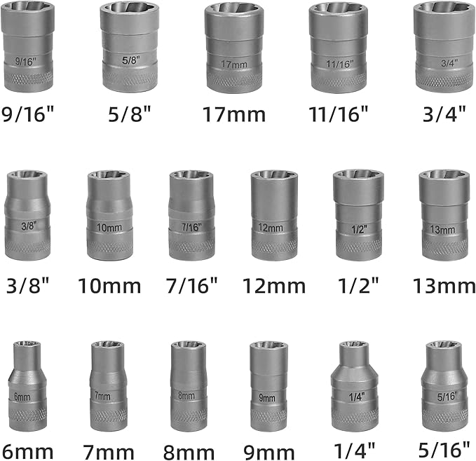 Bolt Extractor Set, 20Pcs Stripped Bolt Remover Lug Nut Extractor Set, Lug Nut Remover for Broken Damaged Rounded-Off Bolts, Nuts, Bolts, Studs, Threaded Tubes