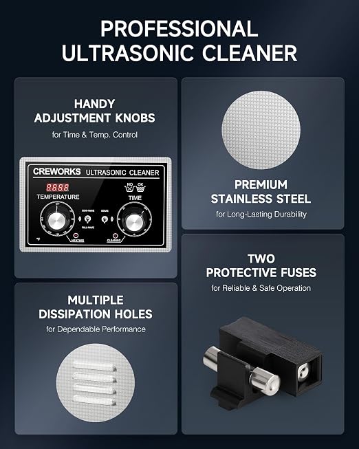 CREWORKS 6L Ultrasonic Cleaner with Heater and Timer, 180W Stainless Steel Ultrasonic Cleaner Machine with Degas & Gentle Modes, Ultrasonic Parts Cleaner with Knob Control for Jewelry Glasses Watch