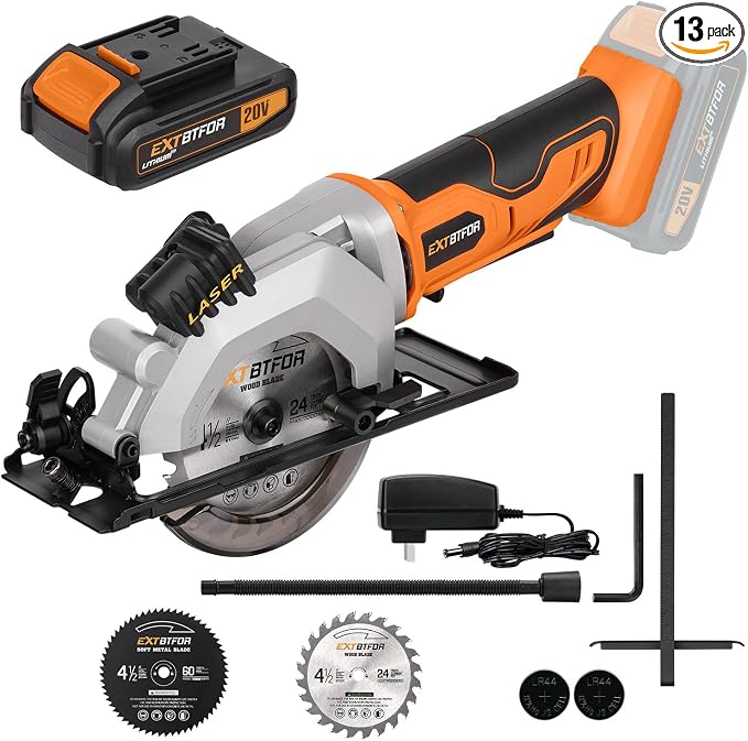 Cordless Circular Saw,2.0 Battery 3400RPM Laser Guide,45° Angle Adjustment | Extbtfor 4-1/2" Mini Circular Saw Maximum Cutting 1-11/16" at 90° and 1-1/8"at 45° for Wood, Soft Metal, Plastic