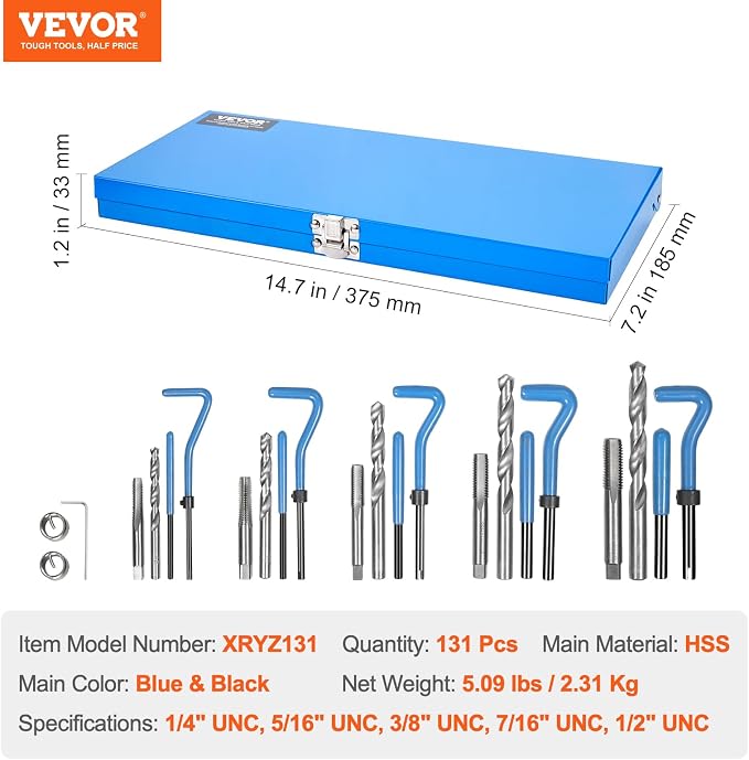 VEVOR Helicoil Thread Repair Kit - 131-Piece SAE HSS Drill Inserts Taps & Tools 1/4" 5/16" 3/8" 7/16" 1/2" UNC Rethreading Tool Kit Insertion Rethreading Tools Universal Rethread Restorer