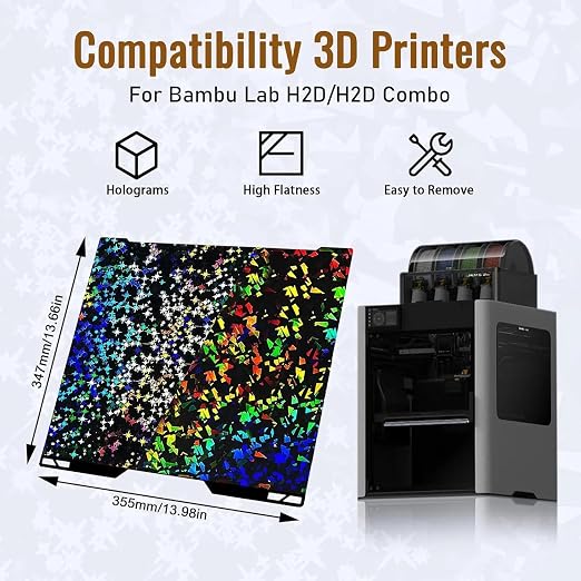 IdeaFormer-3D PEF H2S H2D Build Plate 346x355mm, Rainbow Confetti PEF+Galaxy PEY Spring Steel Bed Plate for Bambu Lab H2S, H2D, H2D Combo 3D Printer Platform, 350mmx320mm Print Size