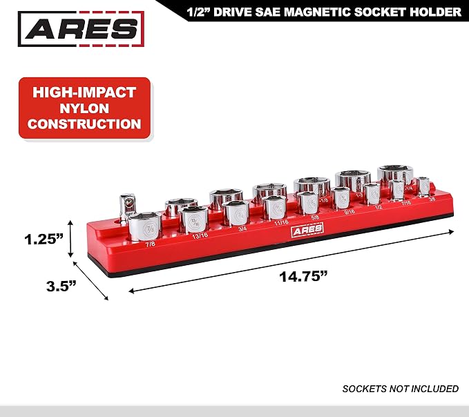ARES 70236-16-Piece 1/2-Inch SAE Magnetic Socket Organizer - Holds 15 Sockets and 1 Socket Adapter - Keeps Your Tool Box Organized
