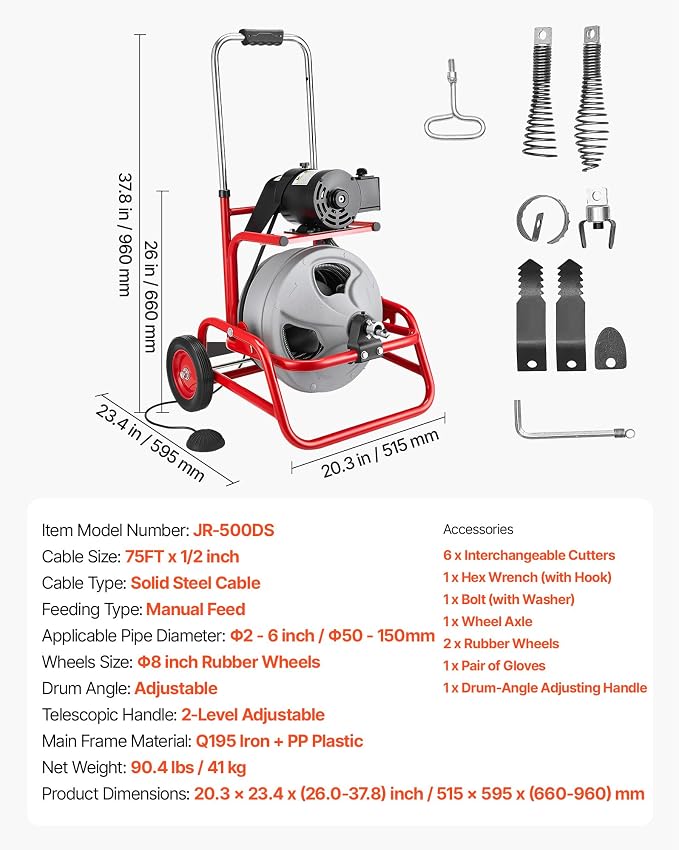 VEVOR Drain Cleaner Machine 75 FT x 1/2 Inch, Sewer Snake Auger on Wheels, Manual Feed Drain Cleaning Machine with Adjustable Drum Angle, 6 Cutters & Air-activated Foot Switch for 2" to 6" Pipes