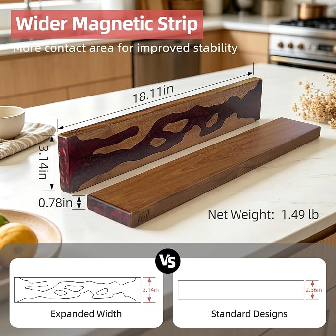 FINDKING Magnetic Knife Strip for Wall, Solid Acacia Wood with Deep Red Resin Inlay, Wall-Mounted Knife Holder with Strong Magnetic Hold, No-Drill Adhesive Mount (18 Inch)