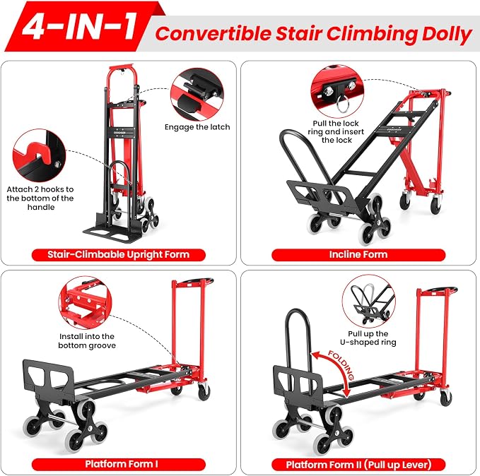 Heavy Duty 1000LBS Stair Climbing Dolly, 3 in 1 Convertible Hand Truck, Folding Hand Truck Dolly Cart with Solid Wheels for Moving/Travel/Office (Red)