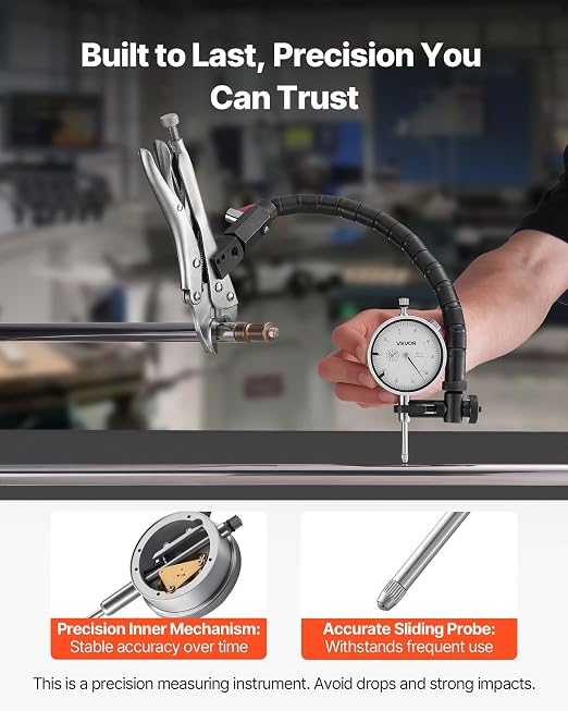 VEVOR Dial Test Indicator with 360-Degree Flexible Arm and 360-Degree Locking Pliers, 0.001 inch Accuracy, 0-1 inch Range, Professional for Machine Set-Up, Narrow Area Measurement, Storage Case
