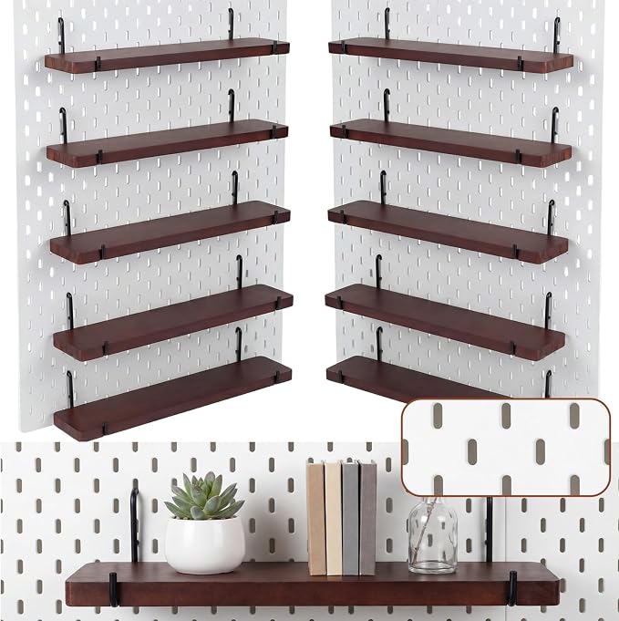 Novabright 10 Pcs Walnut Color Pegboard Shelves Set with Metal Brackets Hooks 11.8 x 4'' Wall Wooden Pegboard Shelving Heavy Duty Accessories for Crafts Office Garage, Compatible with IKEA Skadis