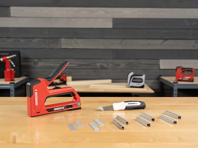 Arrow Fastener 5IN1MKIT-AM T501 5-in-1 Manual Staple & Nail Gun Kit, Wire Stapler, and Brad Nailer for Wood, Upholstery, Insulation, Includes Staple Remover & 640 Staples & Nails, Black/Red