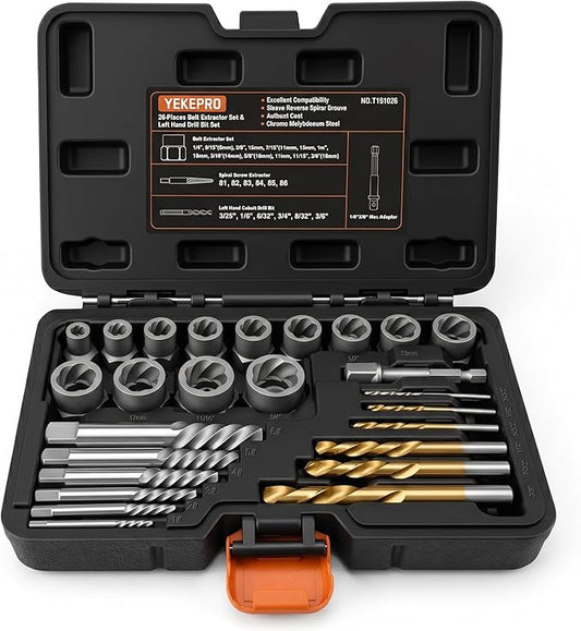 26-Piece Impact Bolt Spiral Screw Extractor Set with Left Hand Reverse Drill Bit Kit & Hex Adapter, Easy Out Kit for Removing Damaged, Stripped, Broken Bolts, Screws, Nuts