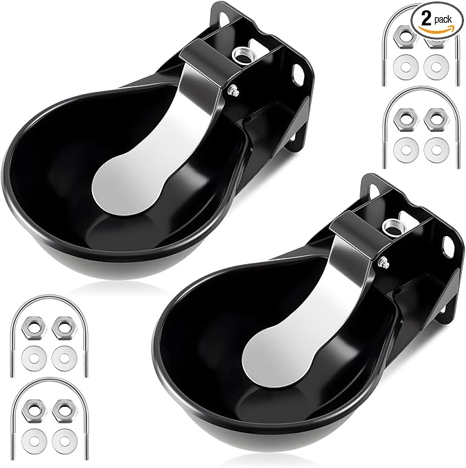 2 Pcs 2.5 L/ 0.66 Gal Automatic Livestock Waterer, Heavy Cast Iron Push-Paddle Water Trough, Black Stainless Steel Livestock Water Bowl for Horse Cattle Goat Pig 11.8 x 9.06 x 3.94 Inch