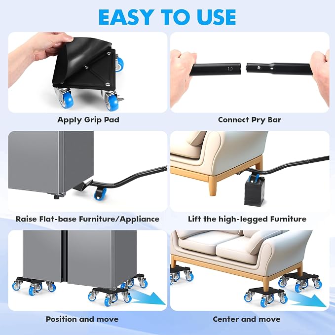 Heavy Duty Furniture Moving Tool Set, Supports up to 2000 Pounds, 5 Wheel Metal Furniture Mover, Furniture Dolly, Appliance Furniture Sliders with Wheels, Furniture Lifter Tool (Blue, 6.5" x6.5")