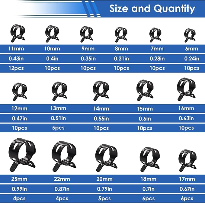 smseace 132Pcs 6-25mm Spring Hose Clamps With Hose Clamp Plier 16-sizes Constant Tension Hose Clamp used for Fuel Line，Vacuum Hose，Air Hose Spring Band Hose Clamp Kit