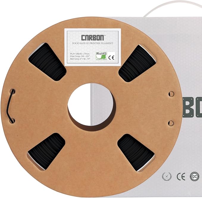 ECO - Certified Food Grade PLA+ 3D Printer Filament - Smooth Glide Cardboard Spool - CARBON by Comfy Materials - Lab Tested FDA Compliant Food Safe, 1.75mm, 1kg, Accuracy: +/- 0.02 (Black)
