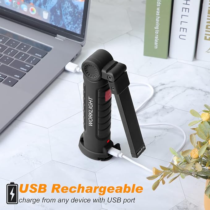 Mudder 6 Pcs Rechargeable LED Work Light Tool Gifts for Him with Magnetic Base 360° Rotate 5 Modes Flashlights for Car Repair Outdoor(Black)