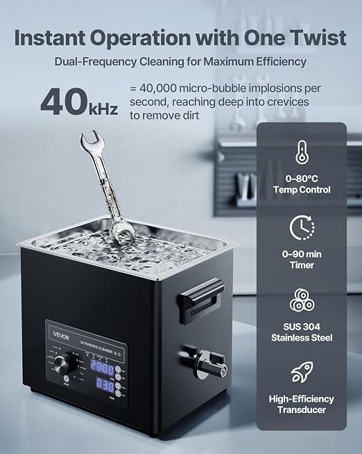 VEVOR 10L Ultrasonic Cleaner, Professional Ultrasonic Cleaner Machine with Knob Control, Stainless Steel Cleaning Machine with Basket and Cleaning Ball, for Watches, Razors, Jewelry, Coins and More