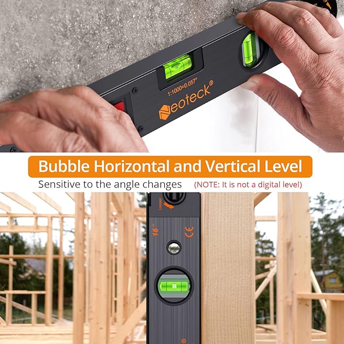 Neoteck 16 inch Digital Angle Finder 225° Aluminum Protractor, LCD Backlight & Bubble Level High Accuracy ±0.5°, Data Hold & Locking Knob, Auto-Off for Woodworking, Construction, Machinery